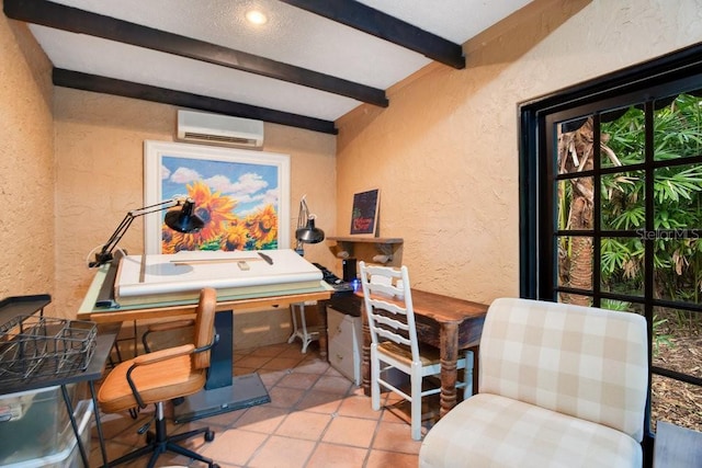 office with tile patterned floors, a wall mounted air conditioner, beam ceiling, and a textured wall