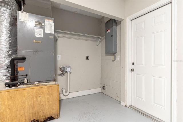 clothes washing area with heating unit, electric panel, and hookup for an electric dryer