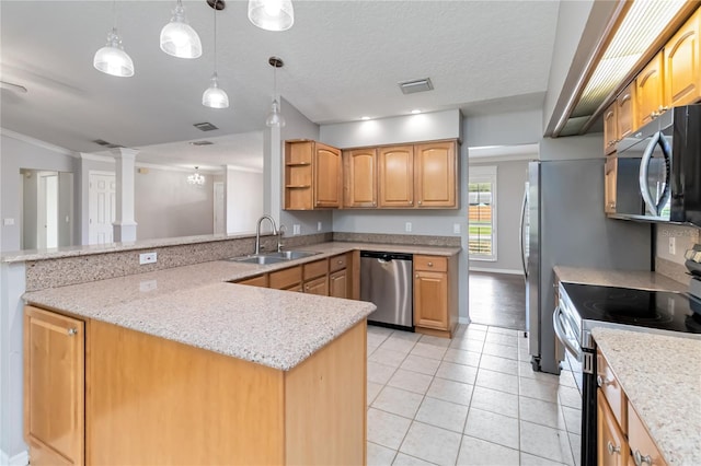 kitchen with decorative light fixtures, light tile patterned floors, stainless steel appliances, open shelves, and a sink