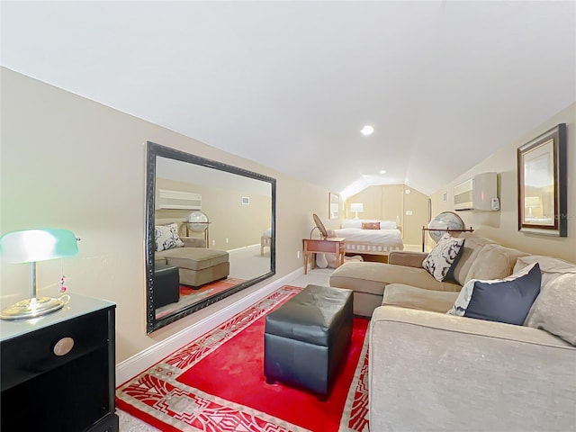 living area featuring lofted ceiling, a wall unit AC, recessed lighting, baseboards, and a wall mounted air conditioner