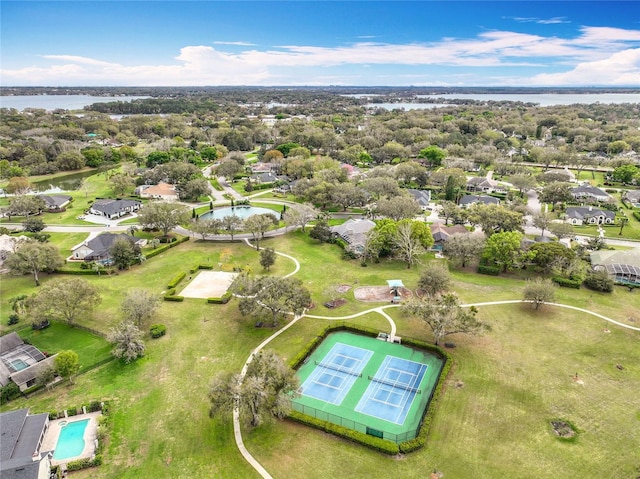 aerial view with a water view and a residential view