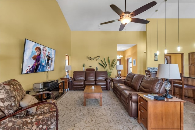 2825 Lake Tohopekaliga Blvd, Kissimmee, FL 34746 - living room featuring a ceiling fan and high vaulted ceiling