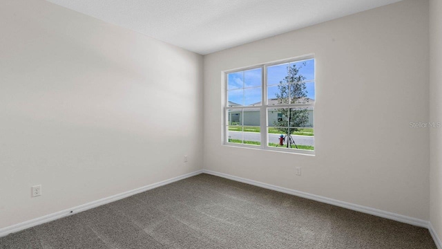 empty room with a textured ceiling, carpet, and baseboards