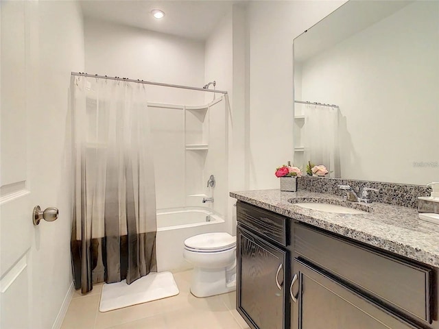 bathroom featuring toilet, shower / tub combo, tile patterned flooring, and vanity