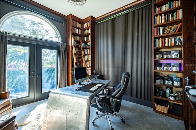 office with tile patterned flooring and french doors