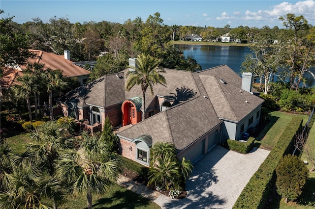 drone / aerial view with a water view