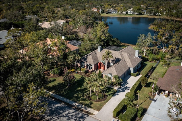 bird's eye view with a water view