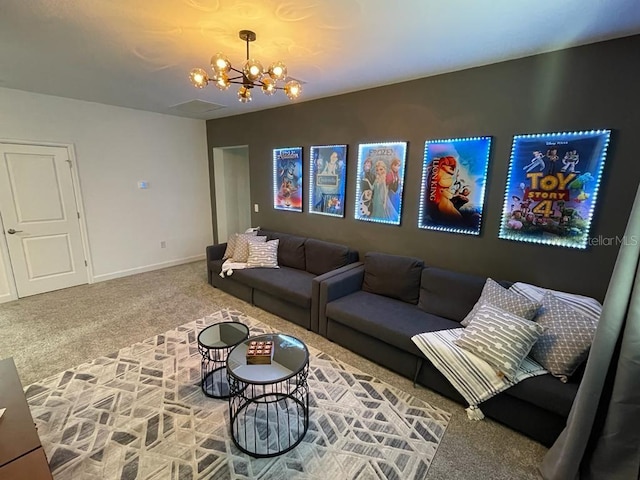 living area with carpet flooring, a notable chandelier, and baseboards