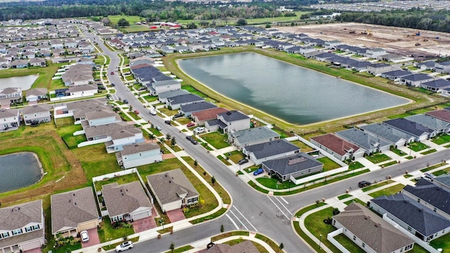 birds eye view of property with a water view and a residential view