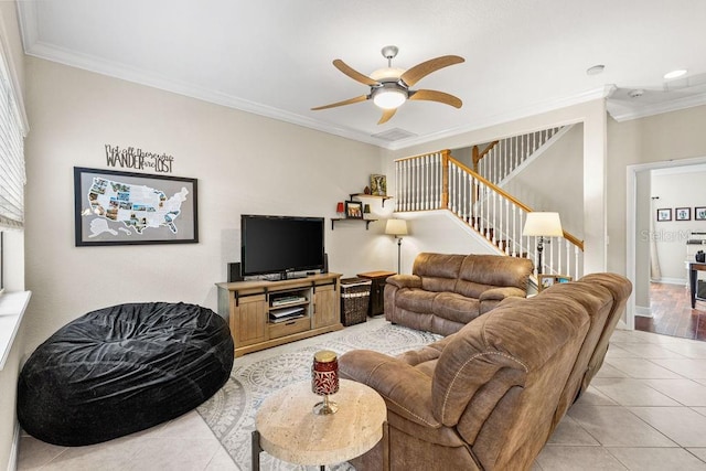13221 Fountainbleau Dr, Clermont, FL 34711 - living area with light tile patterned floors, stairs, ceiling fan, ornamental molding, and recessed lighting