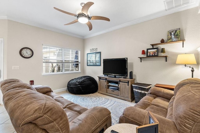 13221 Fountainbleau Dr, Clermont, FL 34711 - living area featuring a ceiling fan and crown molding