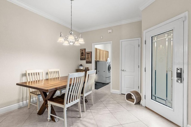 13221 Fountainbleau Dr, Clermont, FL 34711 - dining room featuring washer / clothes dryer, crown molding, a chandelier, and light tile patterned floors