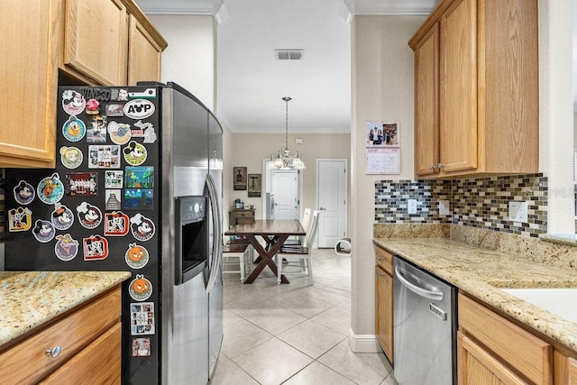 13221 Fountainbleau Dr, Clermont, FL 34711 - kitchen with refrigerator with ice dispenser, dishwasher, crown molding, light tile patterned floors, and tasteful backsplash