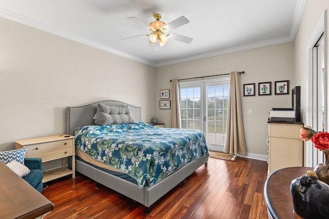 13221 Fountainbleau Dr, Clermont, FL 34711 - bedroom featuring access to exterior, wood finished floors, ornamental molding, and a ceiling fan