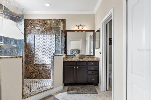 13221 Fountainbleau Dr, Clermont, FL 34711 - bathroom featuring crown molding, a stall shower, vanity, and tile patterned flooring