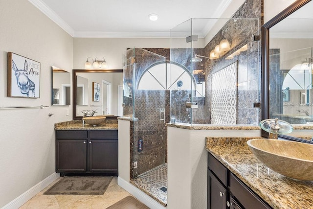 13221 Fountainbleau Dr, Clermont, FL 34711 - full bathroom featuring crown molding, a stall shower, and two vanities