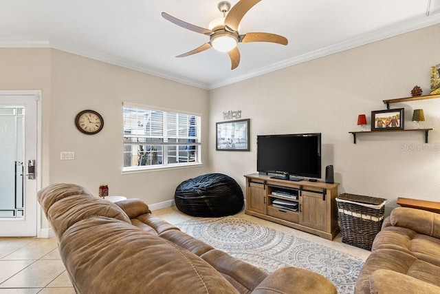 13221 Fountainbleau Dr, Clermont, FL 34711 - living room with light tile patterned floors, a ceiling fan, and ornamental molding