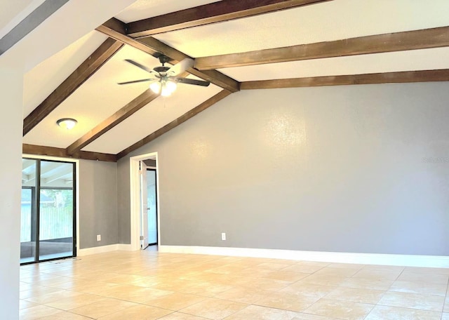 spare room with vaulted ceiling with beams, ceiling fan, and baseboards