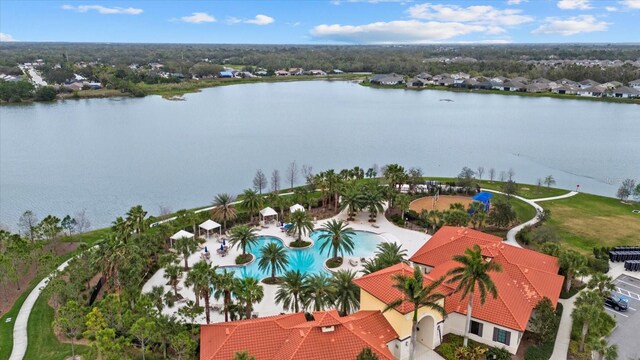 bird's eye view featuring a water view and a residential view