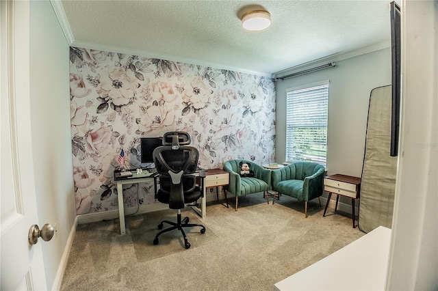 14664 Spotted Sandpiper Blvd, Winter Garden, FL 34787 - carpeted office with crown molding, a textured ceiling, and wallpapered walls