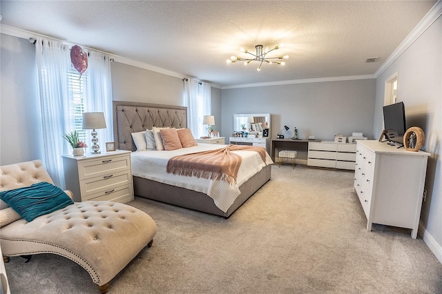 14664 Spotted Sandpiper Blvd, Winter Garden, FL 34787 - bedroom featuring light carpet, ornamental molding, a chandelier, and a textured ceiling