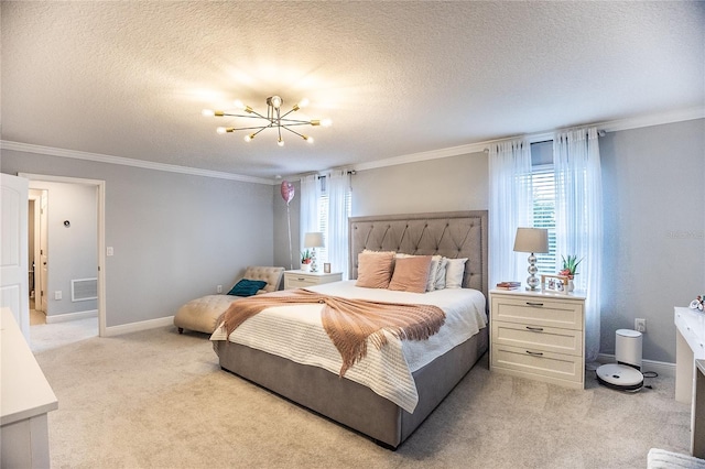 14664 Spotted Sandpiper Blvd, Winter Garden, FL 34787 - bedroom with ornamental molding, light carpet, a chandelier, multiple windows, and a textured ceiling