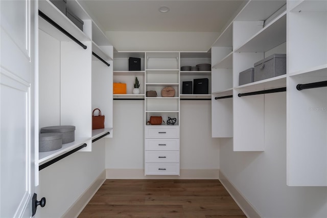 walk in closet with dark wood-style flooring