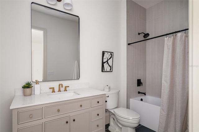 bathroom with shower / bath combination with curtain, vanity, and toilet