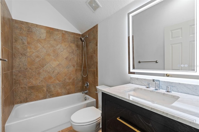 bathroom featuring shower / bath combination, visible vents, toilet, vaulted ceiling, and a textured ceiling