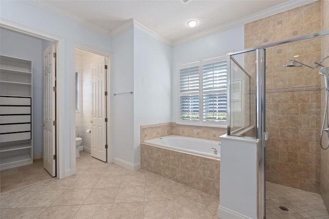 bathroom featuring a stall shower, tile patterned flooring, ornamental molding, and a garden tub