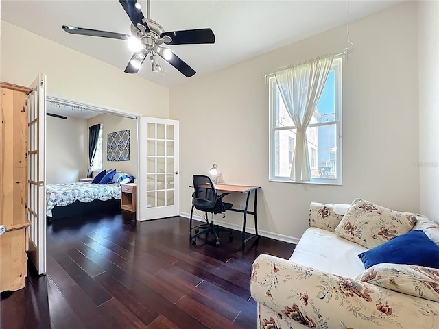 home office featuring wood finished floors, french doors, baseboards, and ceiling fan