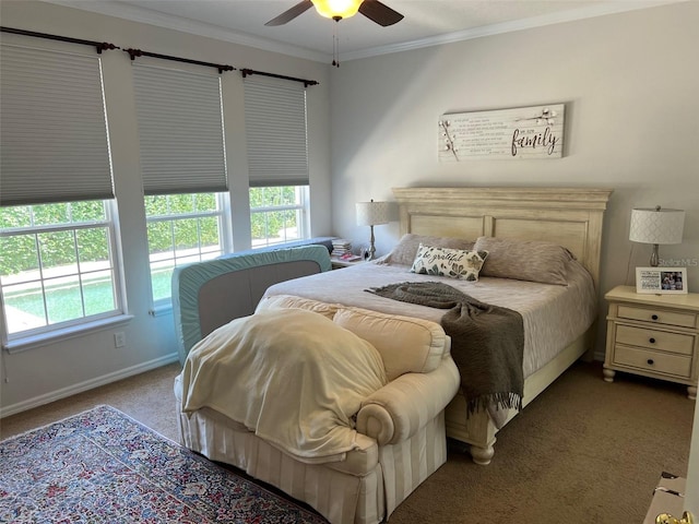 bedroom with ceiling fan, ornamental molding, carpet flooring, and baseboards