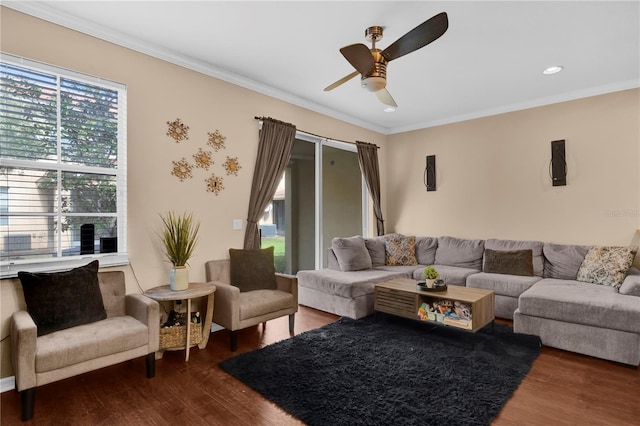 living room with recessed lighting, dark wood-style flooring, crown molding, and ceiling fan