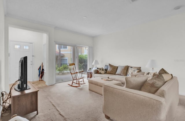 living room with light colored carpet