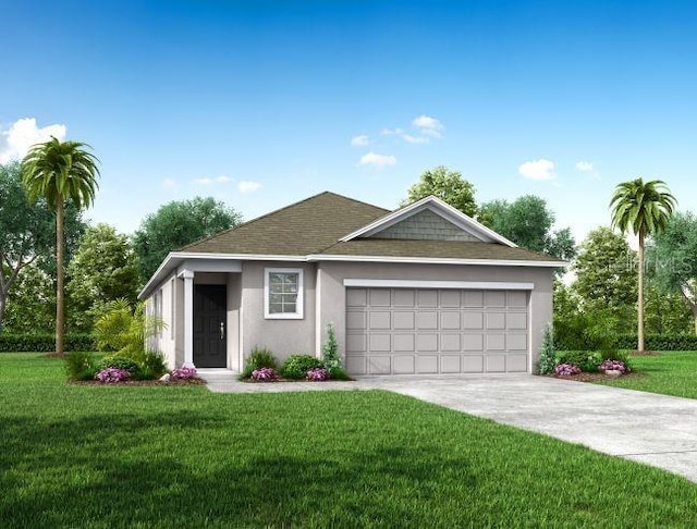 ranch-style home featuring a garage, a shingled roof, driveway, stucco siding, and a front lawn