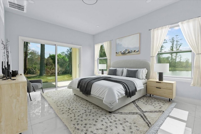 bedroom featuring visible vents, baseboards, a water view, marble finish floor, and access to outside