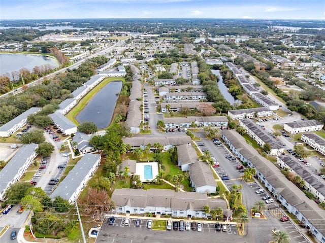 drone / aerial view with a water view