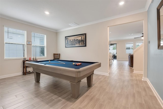 1472 Rushing Rapids Way, Winter Springs, FL 32708 - playroom featuring billiards, light wood-style floors, recessed lighting, crown molding, and a ceiling fan