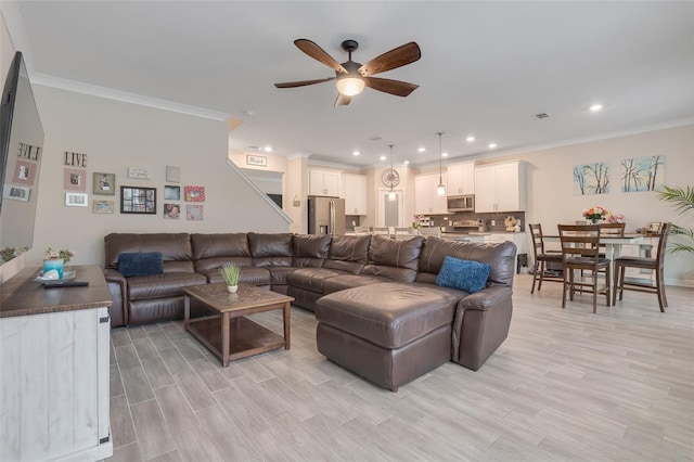 1472 Rushing Rapids Way, Winter Springs, FL 32708 - living area with a ceiling fan, recessed lighting, crown molding, and light wood finished floors