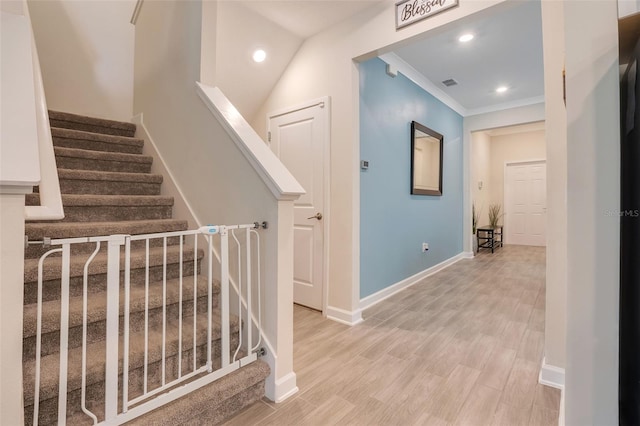 1472 Rushing Rapids Way, Winter Springs, FL 32708 - stairs with crown molding, wood finished floors, and recessed lighting