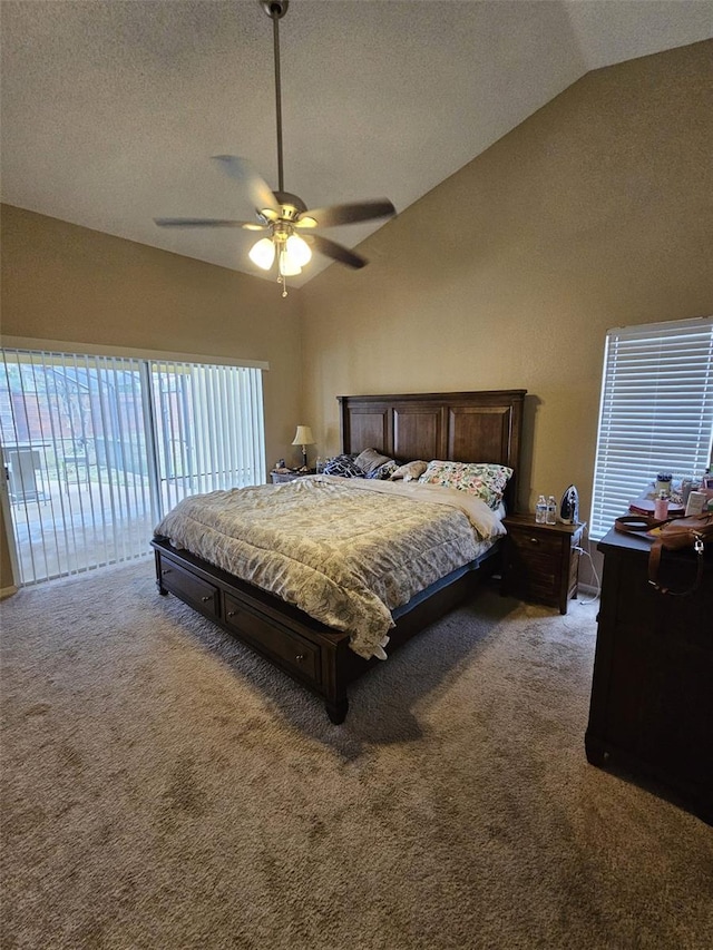 bedroom featuring carpet floors, lofted ceiling, ceiling fan, a textured ceiling, and access to outside