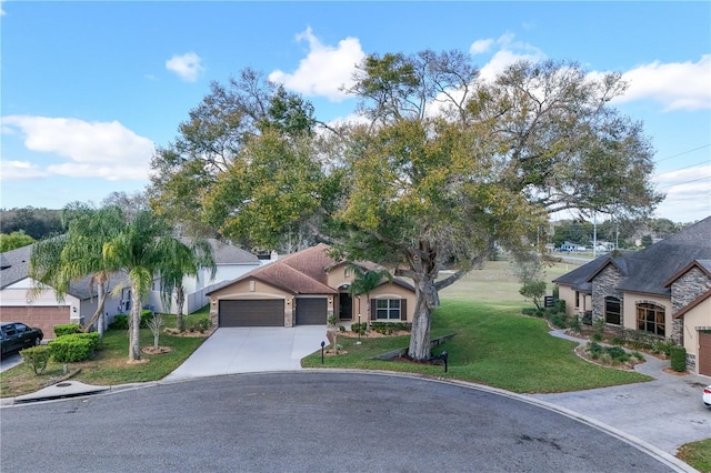 view of front facade with a garage, driveway, stone siding, a front lawn, and stucco siding