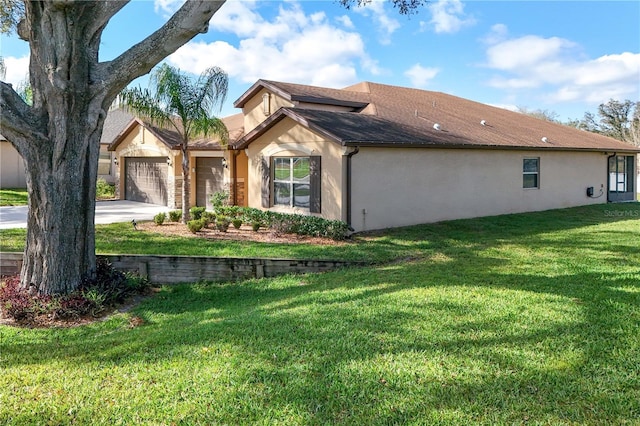 view of property exterior featuring an attached garage, driveway, a lawn, and stucco siding