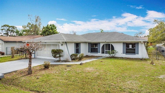 ranch-style home featuring a garage, fence, driveway, stucco siding, and a front lawn