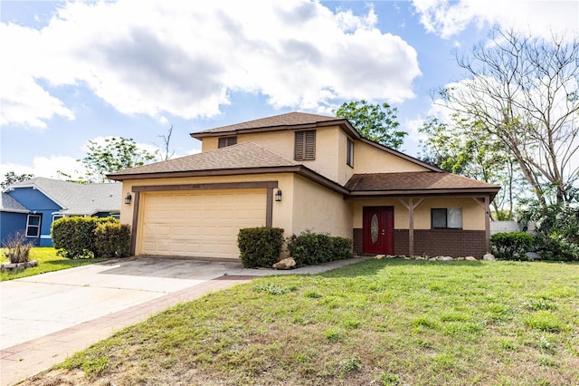 view of front facade featuring a garage, brick siding, concrete driveway, a front lawn, and stucco siding