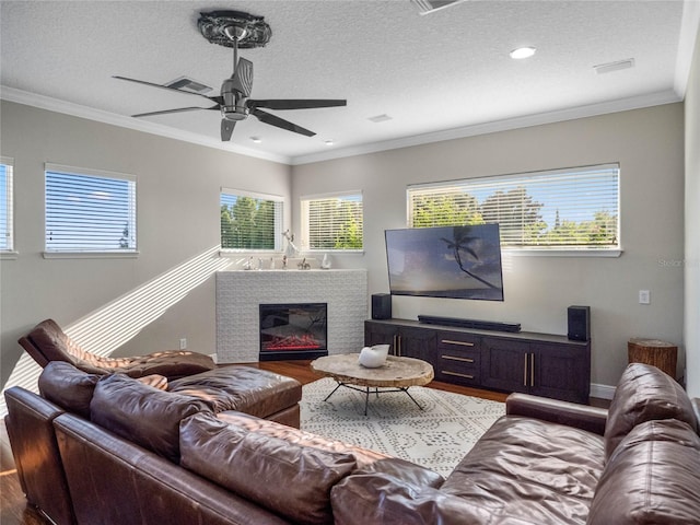 living room featuring a textured ceiling, a glass covered fireplace, wood finished floors, and crown molding