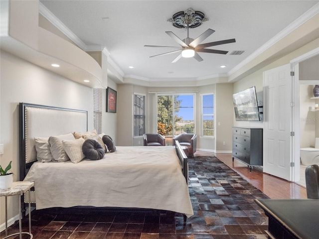 bedroom with baseboards, recessed lighting, visible vents, and crown molding