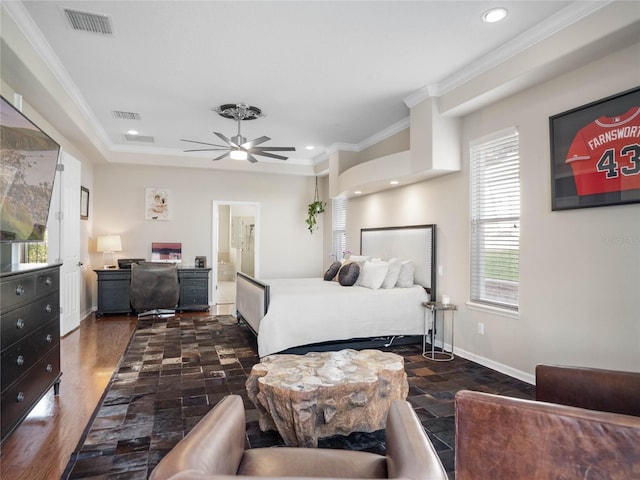 bedroom with ornamental molding, recessed lighting, visible vents, and baseboards