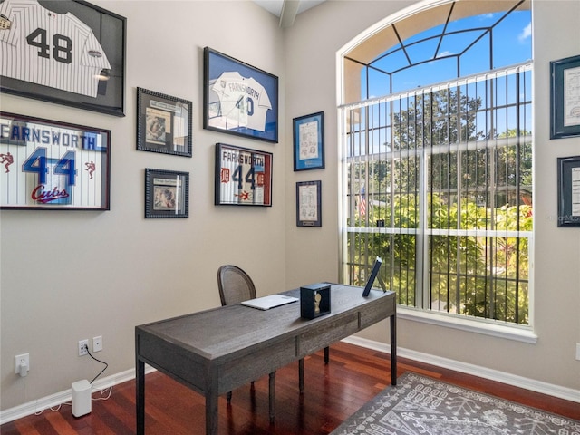 office space with baseboards and wood finished floors