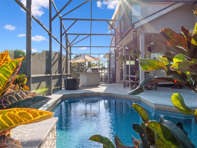 view of swimming pool with a fenced in pool, a patio area, and glass enclosure